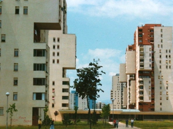 Blok 5 Podgorica - residential buildings surrounded by green spaces and pedestrian walkways.
